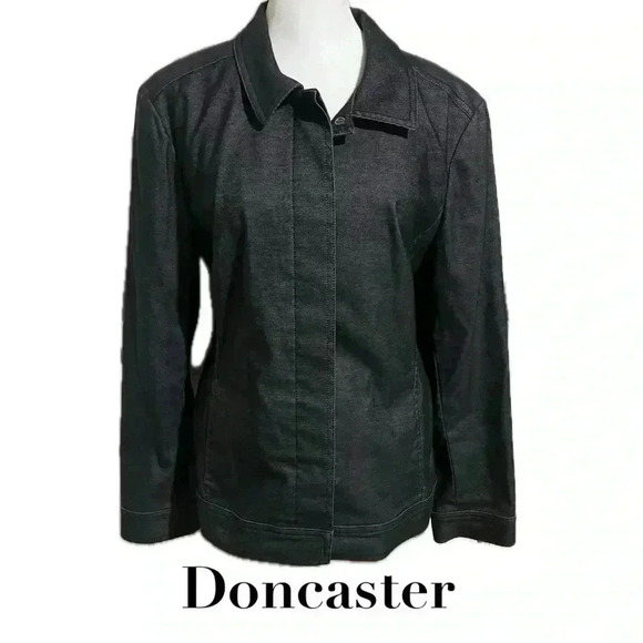 Doncaster black denim button up stretchy blazer with pockets sz 12 - Picture 1 of 11